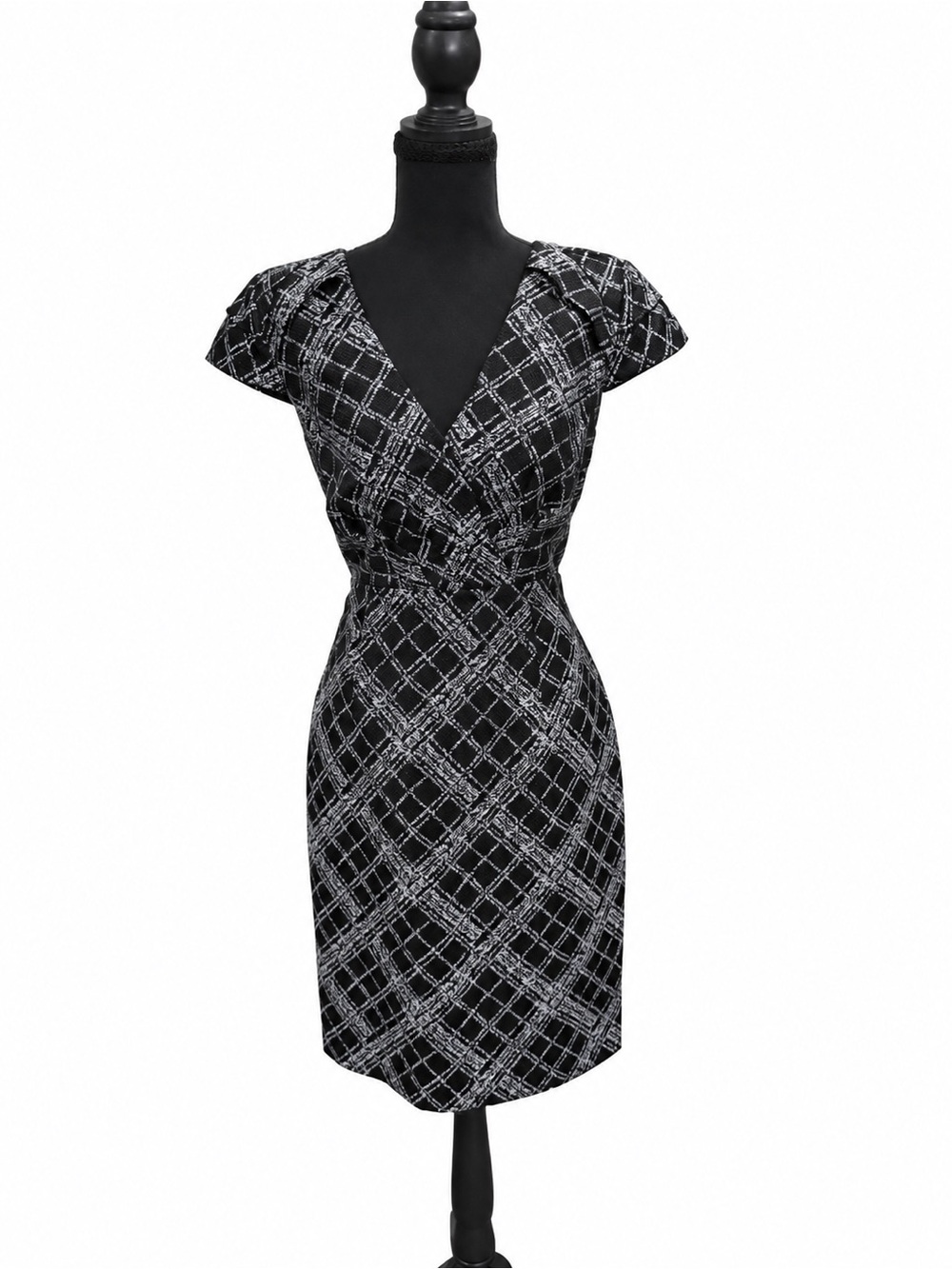 ANTONIO MELANI Black & White Geometric Cap-Sleeve Sheath Dress